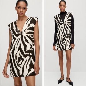 Massimo Dutti Zebra V-Neck Mini Shift Dress Tan Brown Size Small